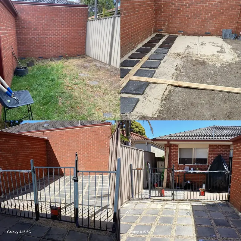 Before and after: grass courtyard replaced with charcoal pavers by Antonio PrimeScape Construction