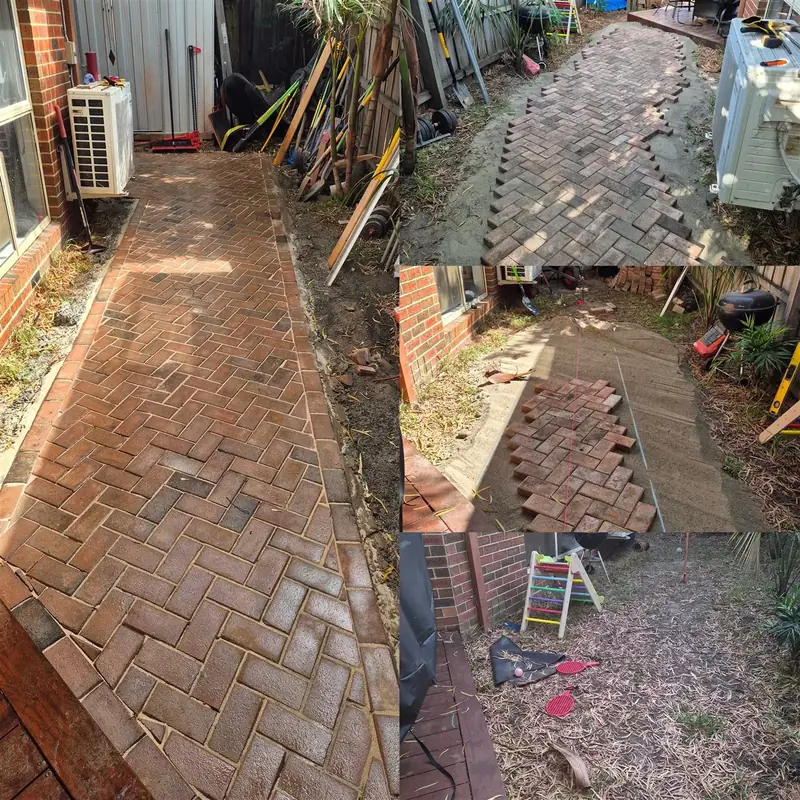 Before and after: overgrown side path paved in red brick herringbone by Antonio PrimeScape Construction