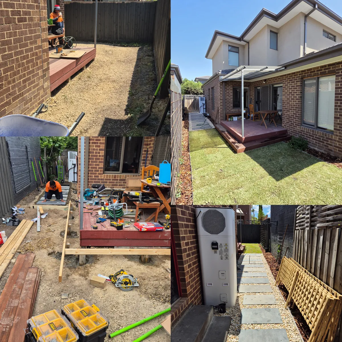 Backyard construction site with workers building wooden deck on bare ground and gravel area before renovation in Melbourne, completed with lawn, stepping stones and outdoor furniture