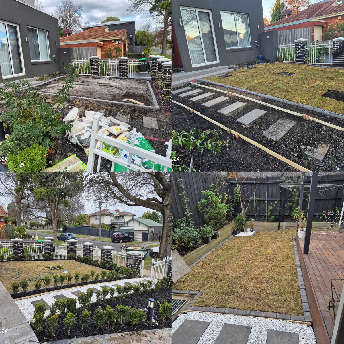 Garden under renovation with soil preparation, stepping stones, gravel pathway, hedge planting and new lawn sections in Melbourne