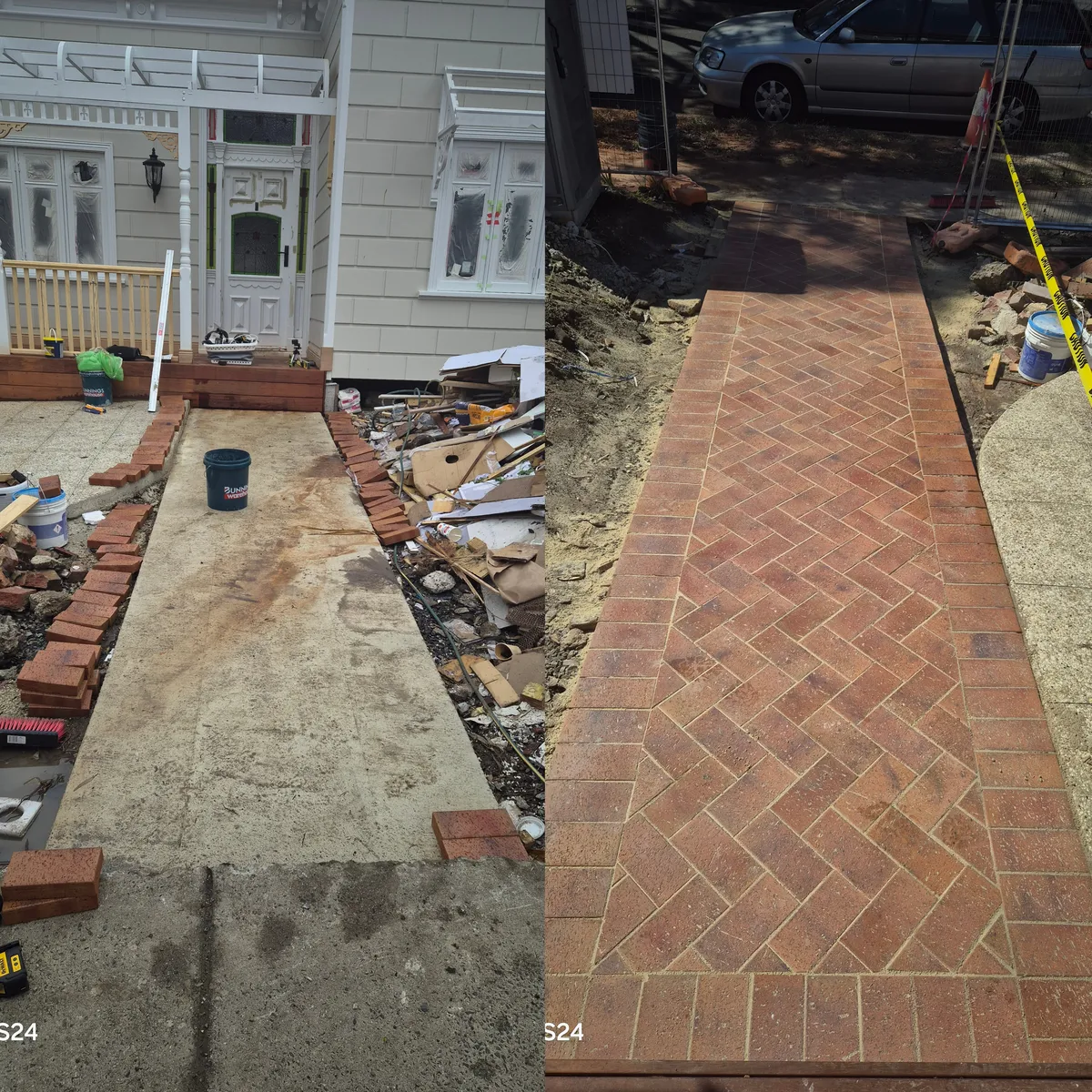 Before and after comparison of herringbone brick pathway construction from rough concrete base and debris to completed red brick pattern with clean edging in Melbourne home