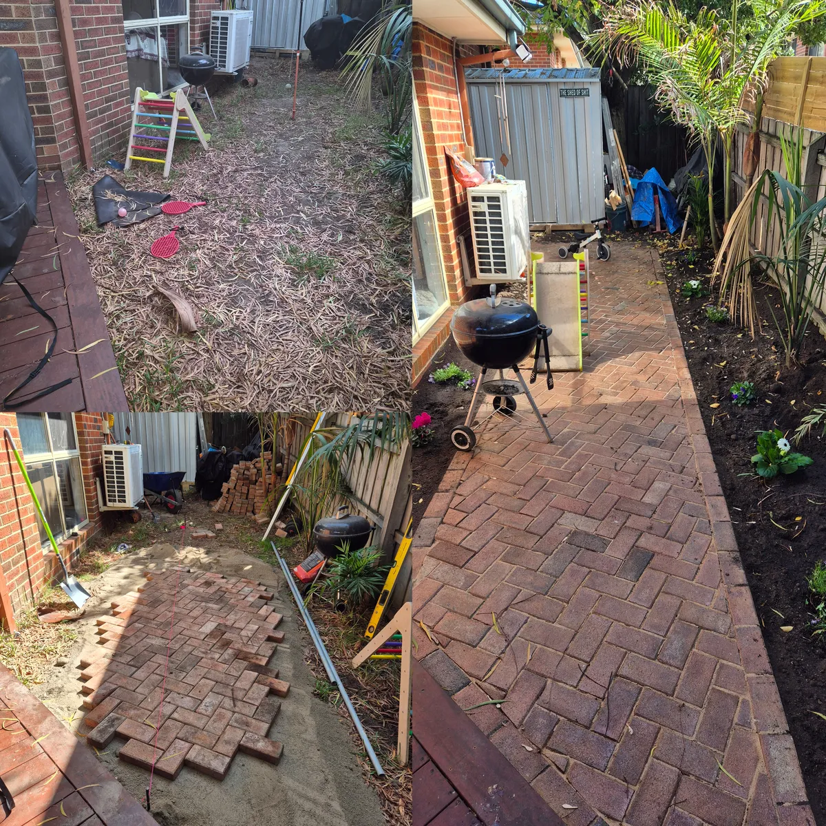 Overgrown and cluttered backyard path area with debris and leaves before renovation in Melbourne