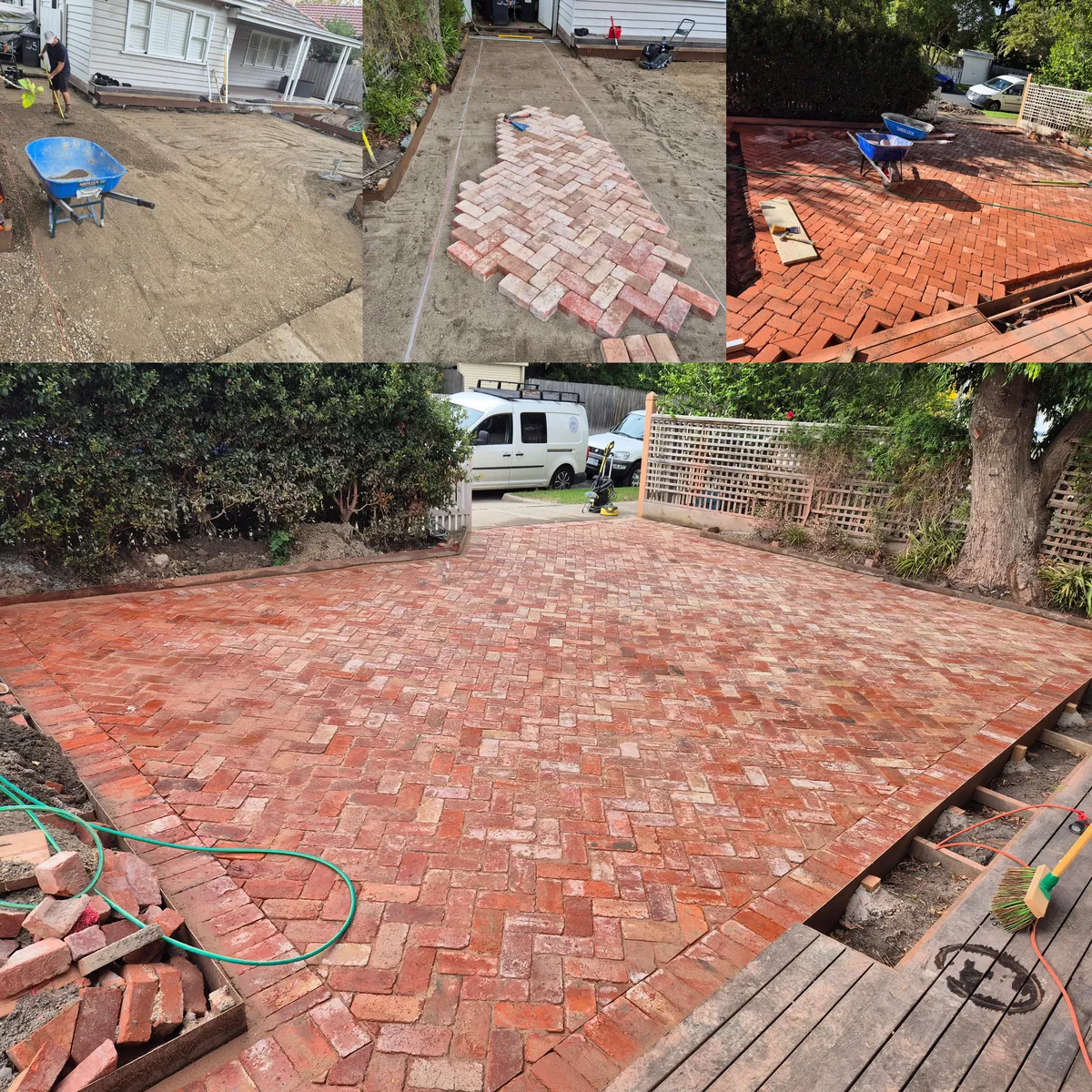 Excavated yard area with sand base preparation and blue wheelbarrow before herringbone brick patio installation in Melbourne