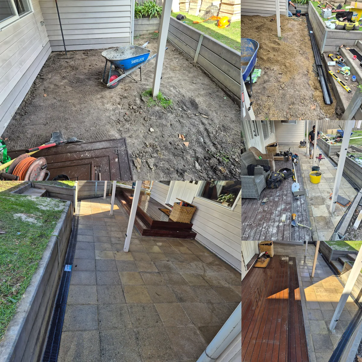 Dirt excavation and sand preparation area with drainage channel before patio paving and deck installation in Melbourne