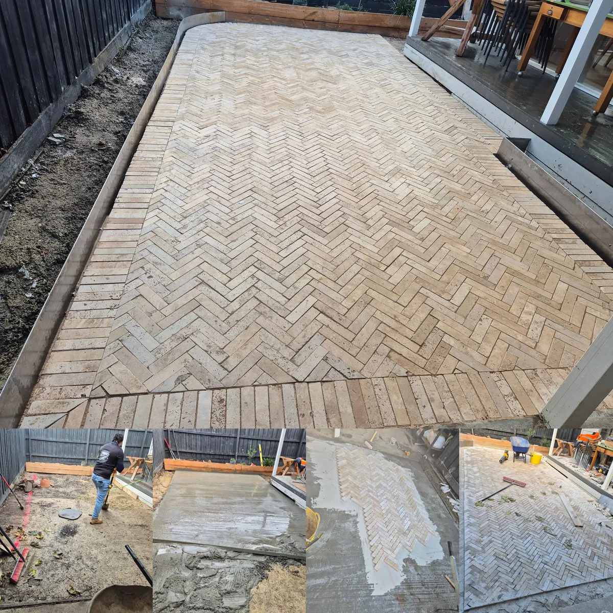 Ground preparation and concrete base before laying herringbone brick patio in Melbourne backyard