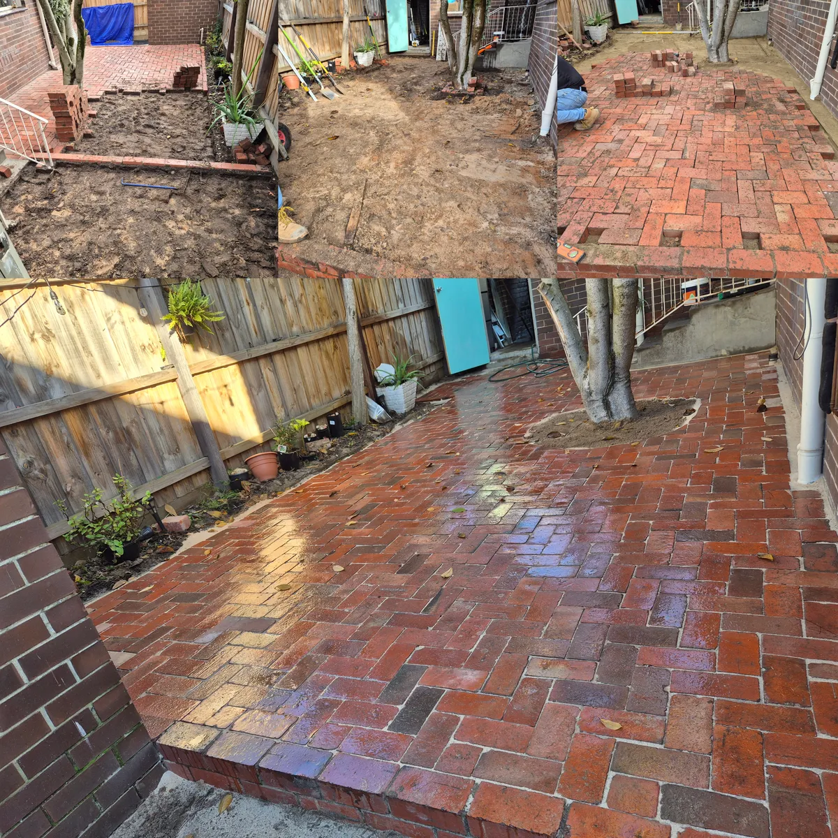 Uneven dirt and rubble area before brick patio installation with existing tree integrated into design