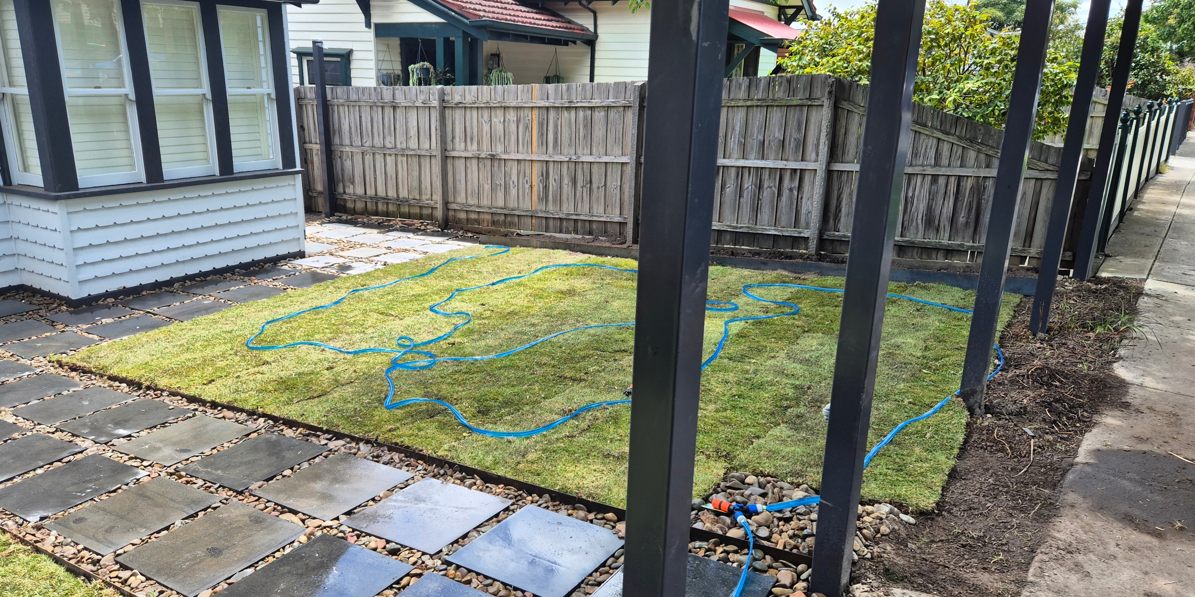 Bluestone paving and turf edging, Ringwood