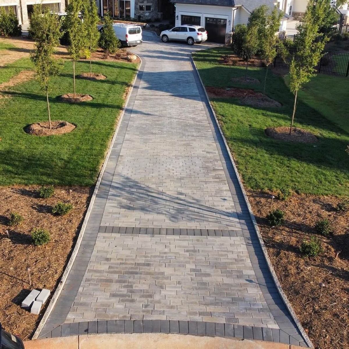 Paved driveway, aerial view