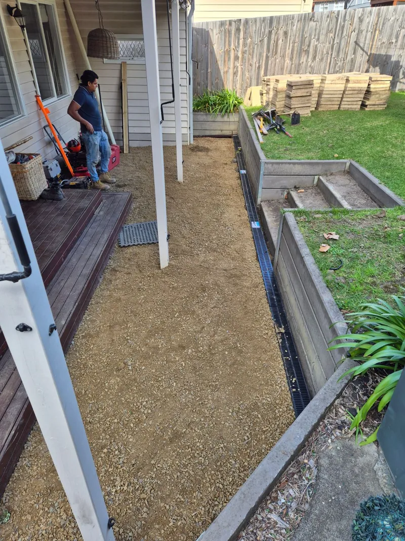 Compacted base with the strip drain set to level — Antonio PrimeScape Construction, Melbourne