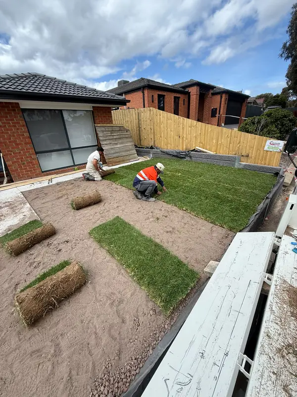Backyard turf being installed