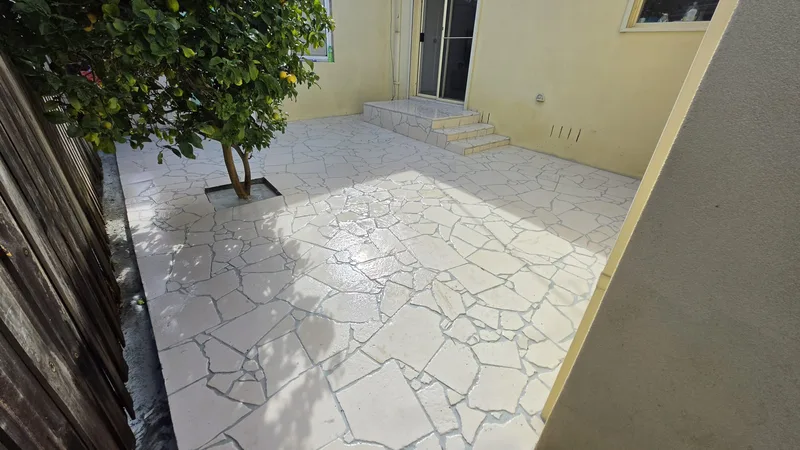 Limestone crazy paving courtyard with a lemon tree
