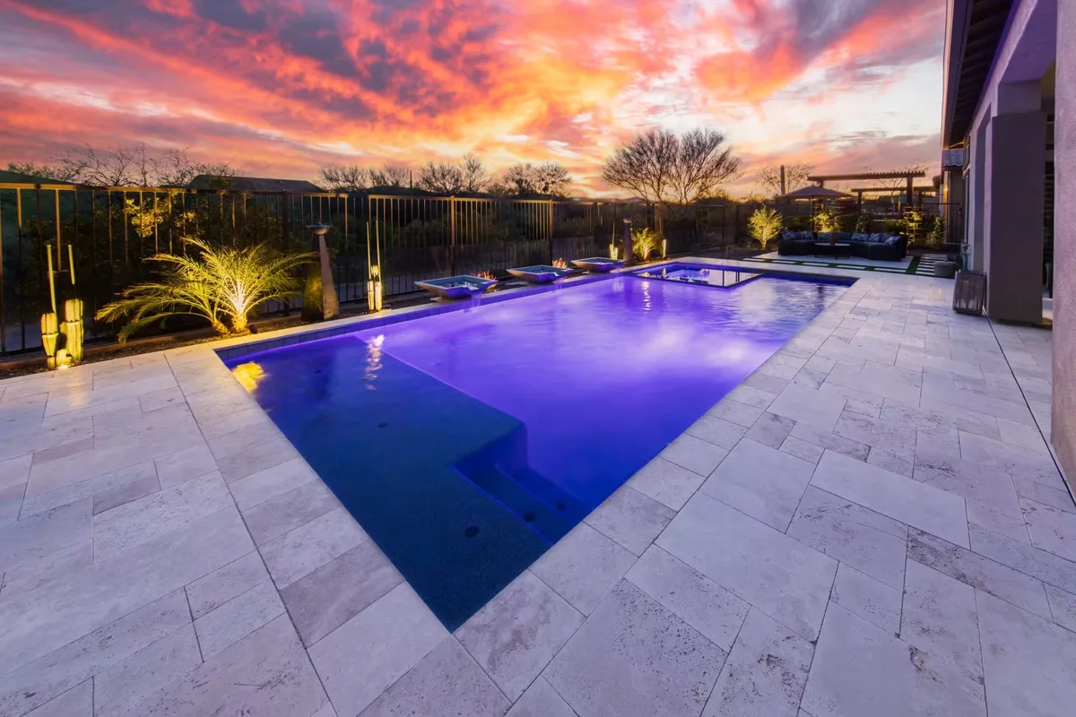 Pool paving large format travertine pavers outdoor Melbourne by Antonio PrimeScape