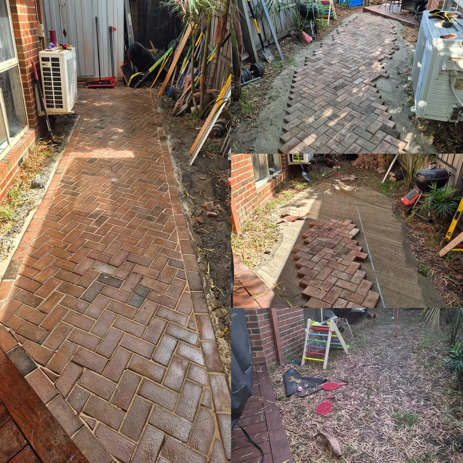 Brick herringbone garden path — before and after