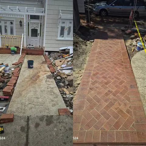Before and after: front path of a weatherboard home relaid in brick herringbone