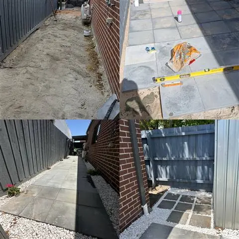 Before and after: dirt side path finished with grey pavers and pebbles