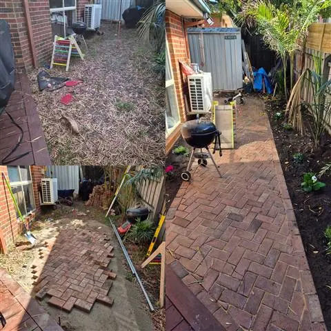 Before and after: backyard path paved in red brick
