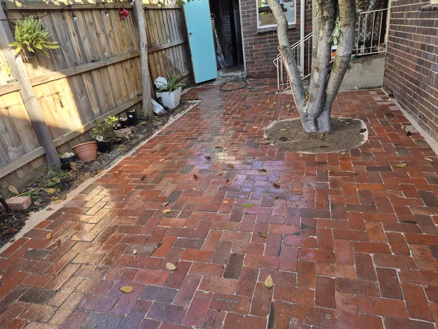 Brick paving courtyard around an established tree — Antonio PrimeScape Construction