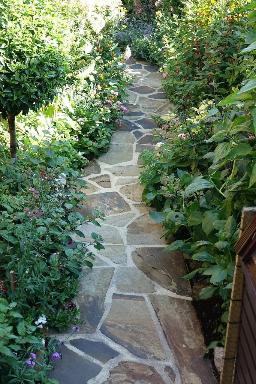 Flagstone crazy paving winding path